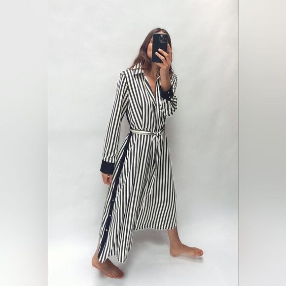 BLOGGER'S FAVE!  Zara PRINTED MIDI SHIRT DRESS stripes maxi dress navy blue - Picture 7 of 13